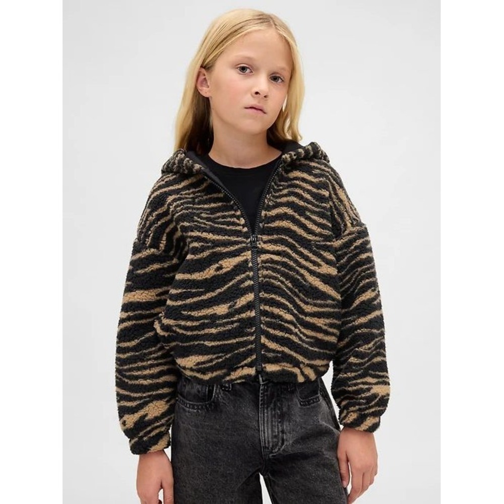 Gap Kids Girls XL 12 Zebra Stripe Sherpa Fleece Full Zip Hoodie Brown Black NEW